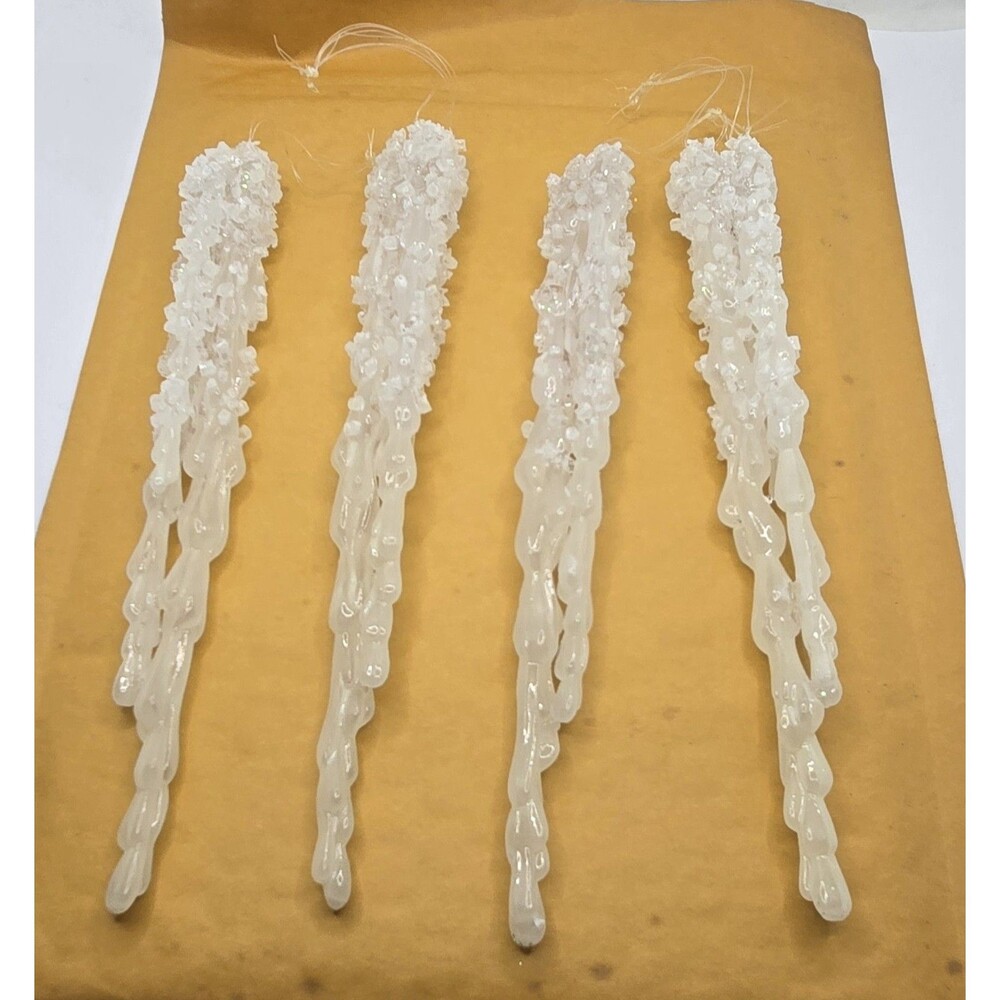 White Glass Icicle Dripping Ornaments Vintage MCM Sparkly